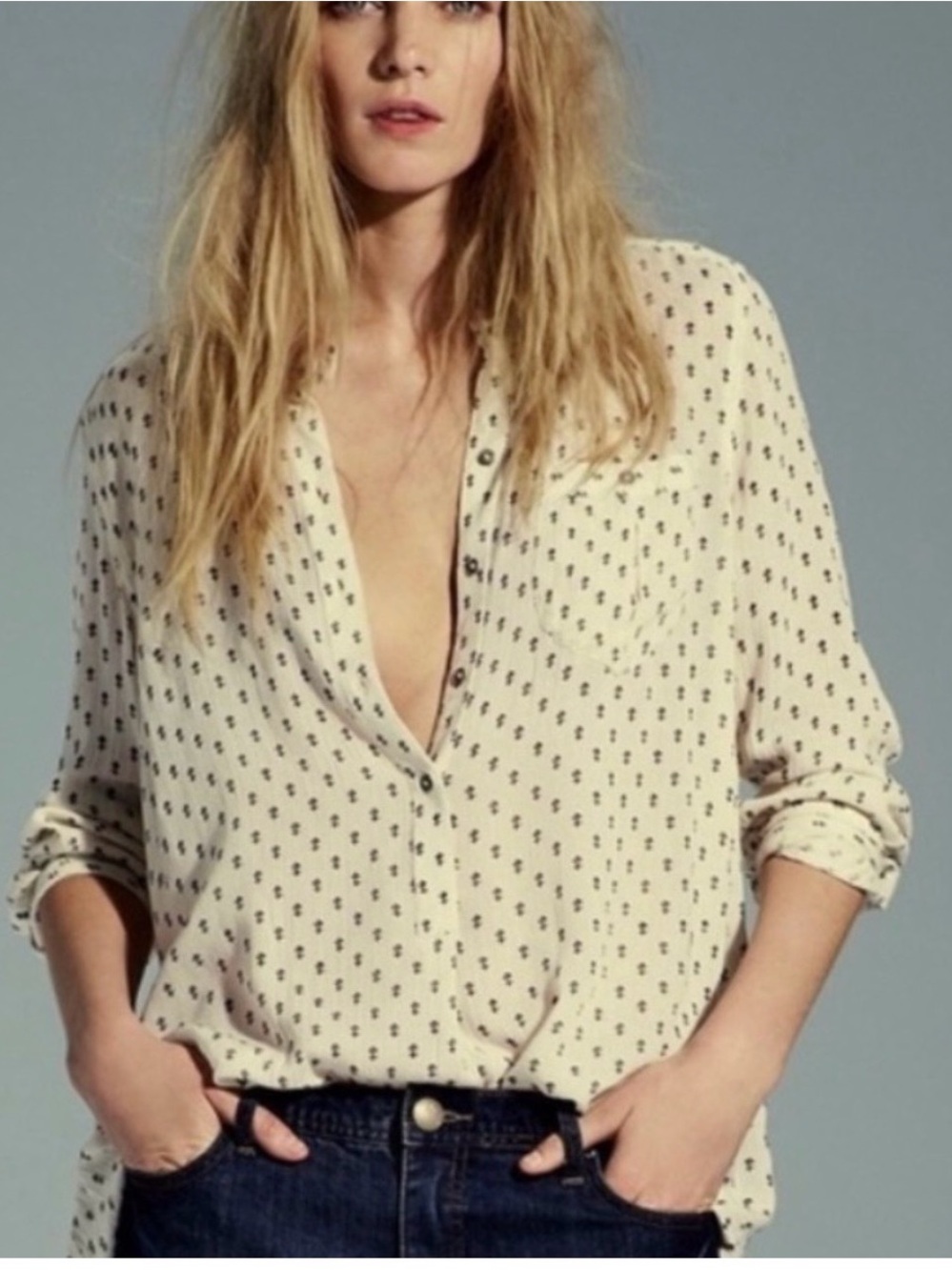 Free People Shibori Magic Deep V Boyfriend blouse